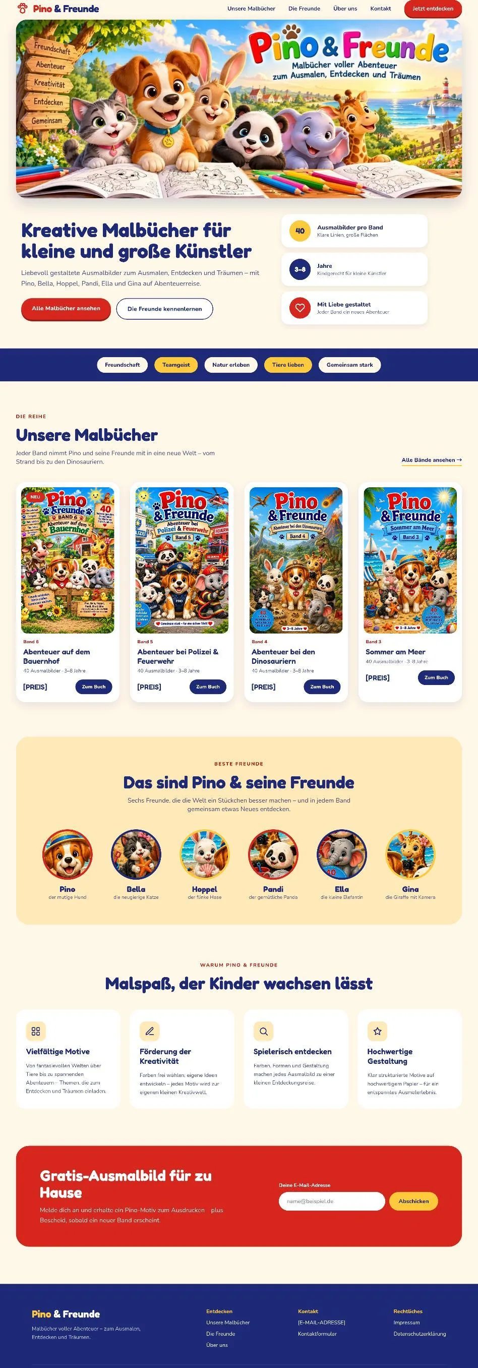 Startseite der Malbuch-Reihe Pino & Freunde mit Bücherübersicht, Figuren und Gratis-Ausmalbild